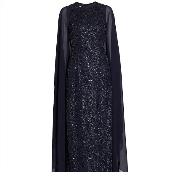 Teri Jon Navy Chiffon Cape Overlay Beaded Gown Size 12